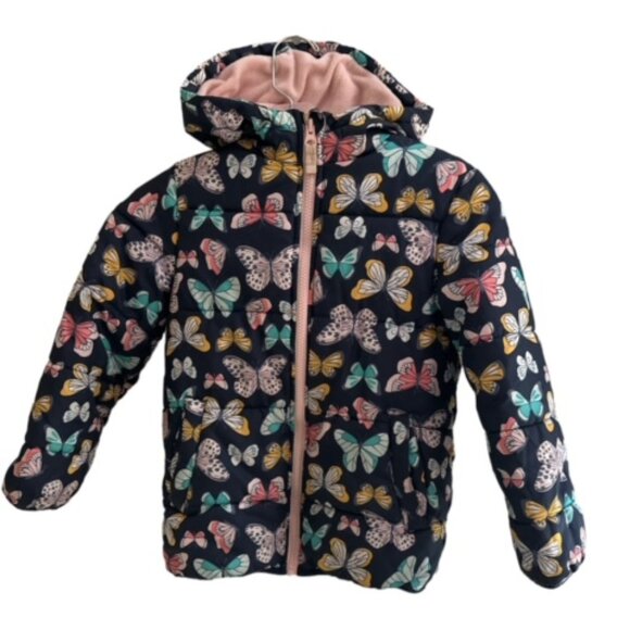 Carter's Girl's Size 7‎ Blue/Pink Butterfly Hooded Puffer Jacket Fleece Lined - Picture 1 of 6
